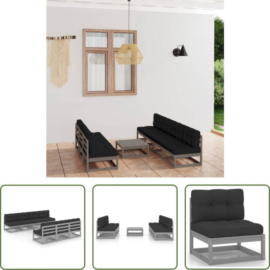 The Living Store Tuinset Grenenhout Grijs 7x Middenbank 1x Tafel 7x Zitkussen 7x Rugkussen