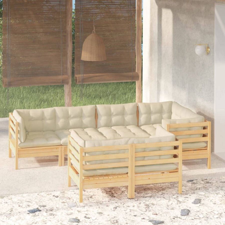 The Living Store Tuinset Grenenhout Hoekbank Middenbank Crème kussens 63.5 x 63.5 cm (B x D x H) Montage vereist