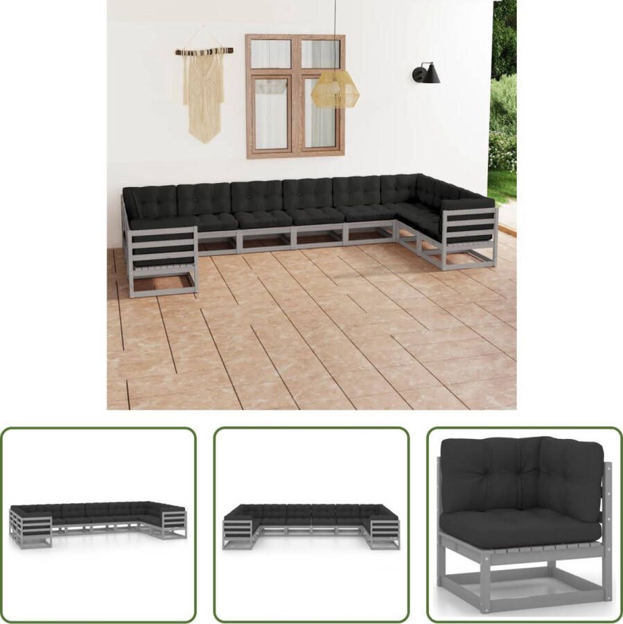 The Living Store Tuinset Grenenhout Hoekbank Middenbank Grijs 70 x 70 x 67 cm Inclusief Kussens