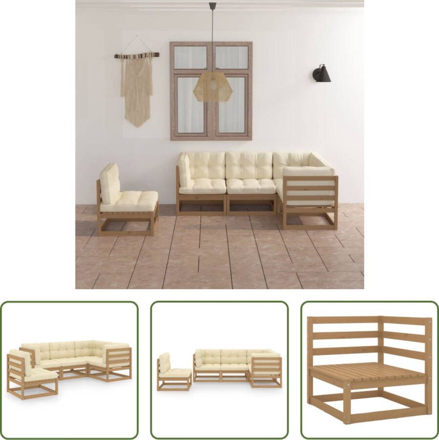 The Living Store Tuinset Grenenhout Hoekbank Middenbank Kussens Honingbruin Crème 70x70x67cm 70x70x8cm 70x40x8cm