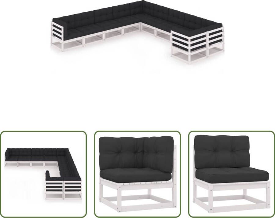 The Living Store Tuinset Grenenhout Hoekbank + Middenbank + Kussens Wit Antraciet 70x70x67 cm Montage vereist