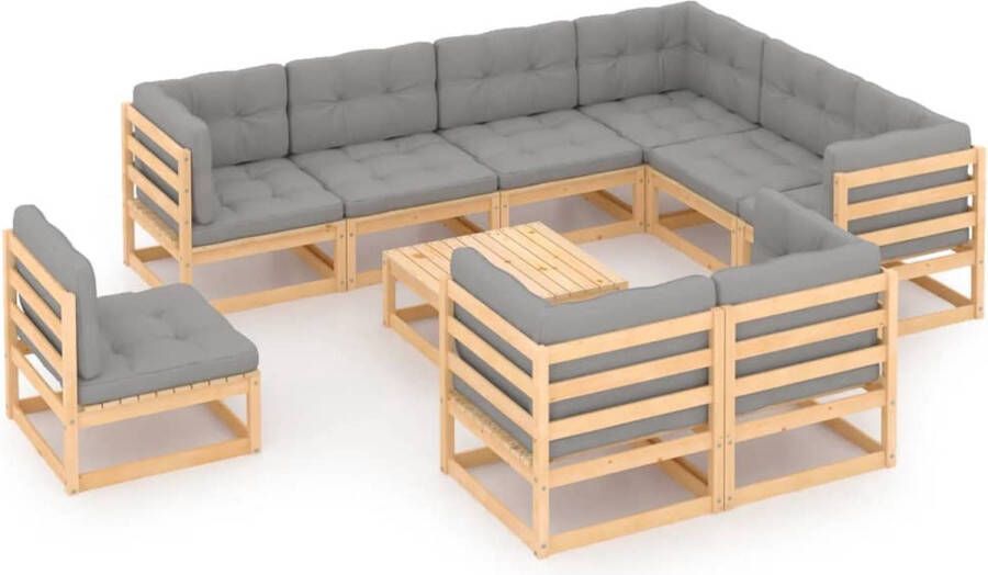 The Living Store Tuinset Grenenhout Hoekbank + Middenbank + Tafel Grijs Kussen 70x70x67 cm Montage vereist Levering bevat kussens (9 zitkussens + 14 rugkussens)