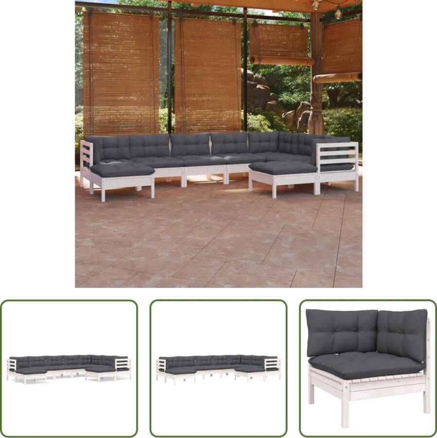 The Living Store Tuinset Grenenhout Hoekbank Middenbank Voetenbank Wit Afm 63.5 x 63.5 x 62.5 cm Kussens Polyester