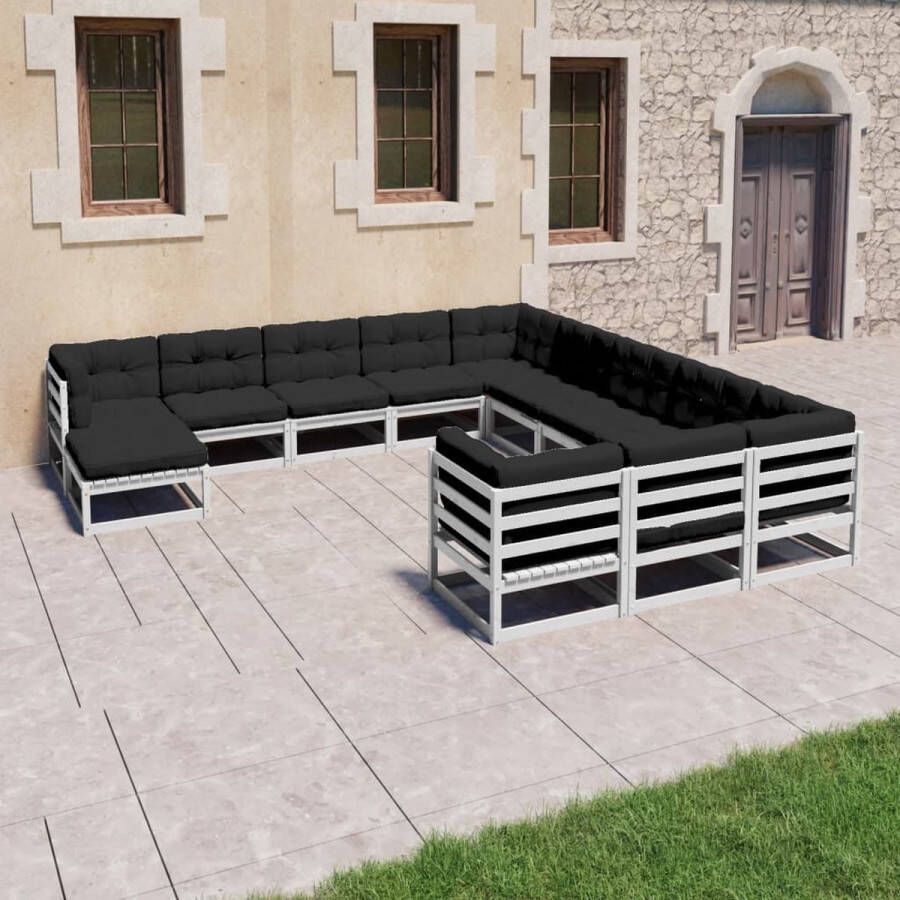 The Living Store Tuinset Grenenhout Hoekbank + Middenbank + Voetenbank Wit Afmetingen- 70 x 70 x 67 cm Inclusief 12 zitkussens en 15 rugkussens (- )