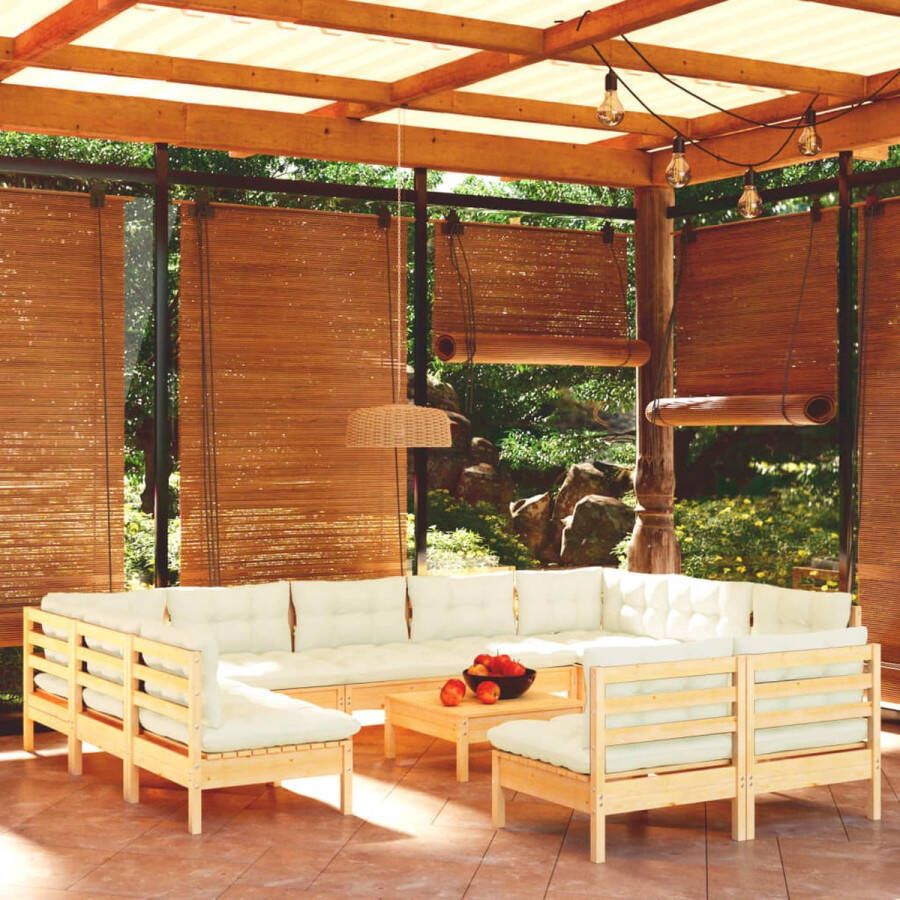 The Living Store Tuinset Grenenhout Hoekbank Middenbank Voetenbank Tafel Crème kussen Montage vereist