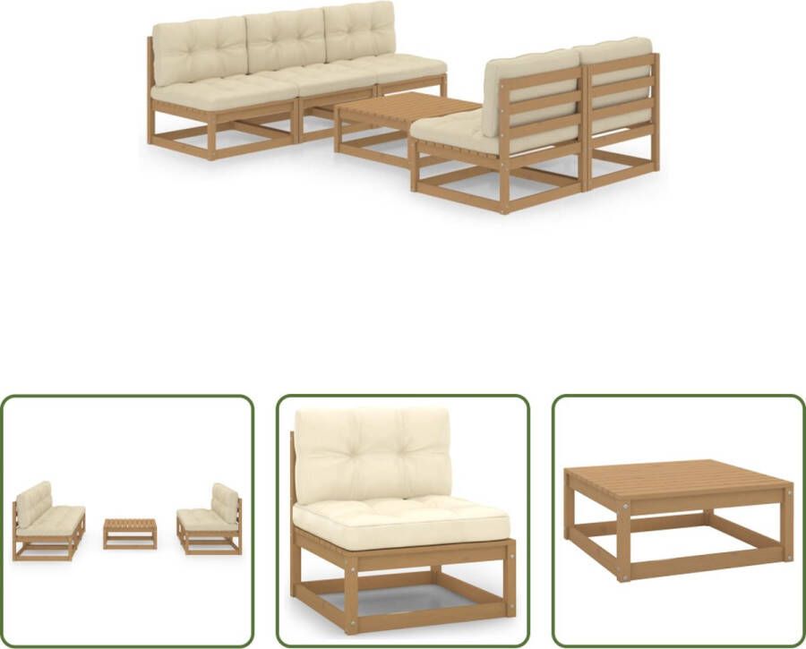 The Living Store Tuinset Grenenhout Honingbruin 70x70x67 cm 5x Middenbank 1x Tafel 5x Zitkussen 5x Rugkussen