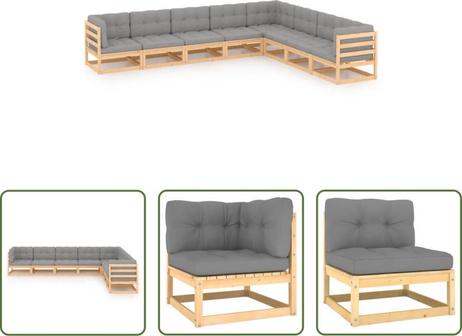 The Living Store Tuinset Grenenhout Loungeset Grijs 3 hoekbanken 5 middenbanken 8 zitkussens 11 rugkussens