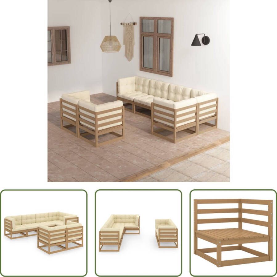 The Living Store Tuinset Grenenhout Midden Hoekbank Honingbruin 70x70x67cm Creme kussens