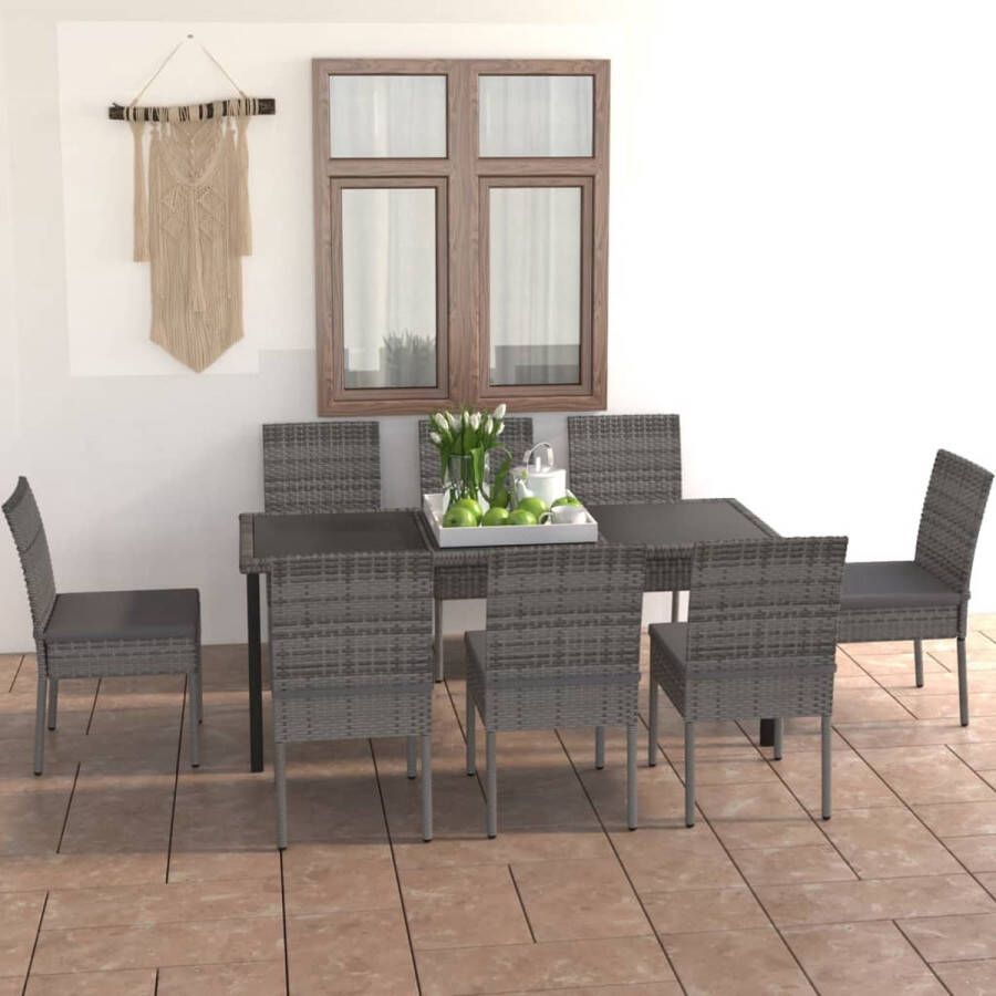 The Living Store Tuinset Grijs Zwart 180x70x73 cm (LxBxH) Poly Rattan Staal 8 Stoelen 8 Zitkussens