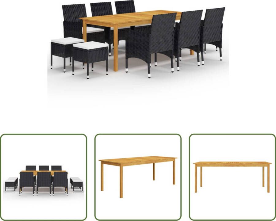 The Living Store Tuinset Massief acaciahouten tafel PE-rattan stoelen en krukken Zwart 200 x 90 x 74 cm Creëer een boeiende esthetiek in je buitenruimte