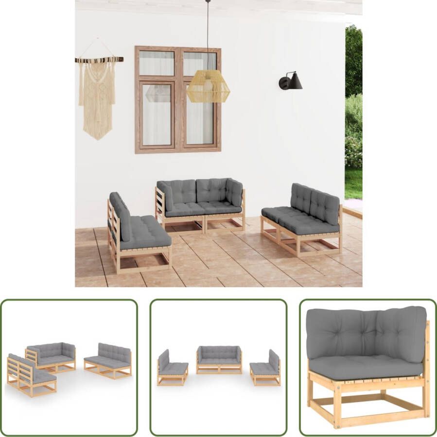 The Living Store Tuinset Massief grenenhout 2 hoekbanken 4 middenbanken Grijs kussen 70x70x67cm 70x70x8cm