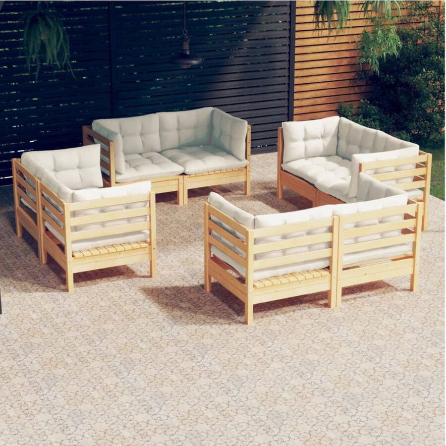 The Living Store Tuinset Massief grenenhout Crème kussen 63.5x63.5x62.5cm Inclusief 8x hoekbank 8x zitkussen en 16x rug zijkussen