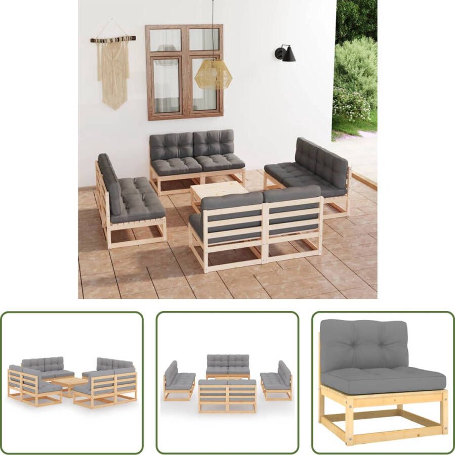 The Living Store Tuinset Massief grenenhout Grijs 8x middenbank 1x tafel 8x zitkussen 8x rugkussen