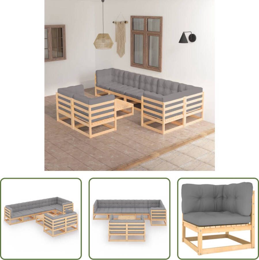 The Living Store Tuinset Massief grenenhout Grijs kussen 3x middenbank 5x hoekbank 1x tafel 70x70x67cm Montage vereist