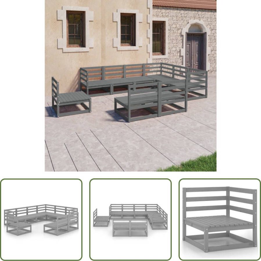 The Living Store Tuinset Massief grenenhout Klassiek design Grijs 3 hoekbank + 6 middenbank