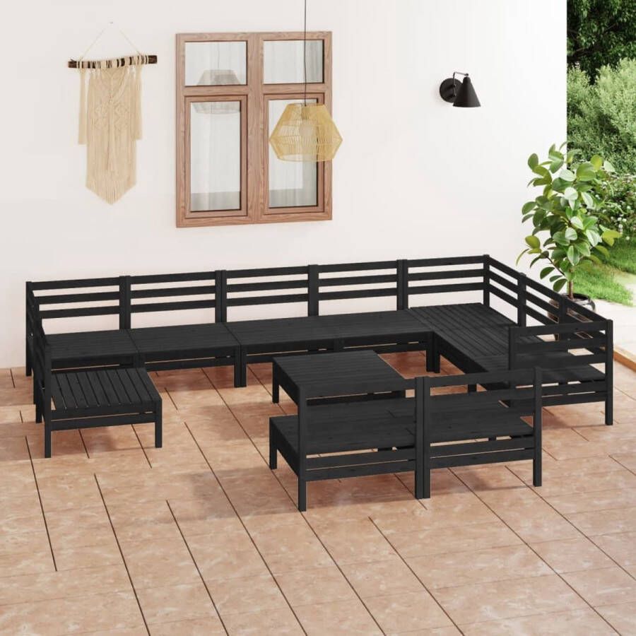 The Living Store Tuinset Pallet 3 hoekbank 7 middenbank voetenbank tafel zwart 63.5 x 63.5 x 62.5cm (LxBxH) massief grenenhout