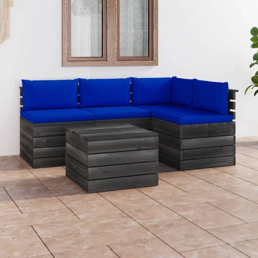 The Living Store Tuinset Pallet Grenenhout Blauwe Kussens