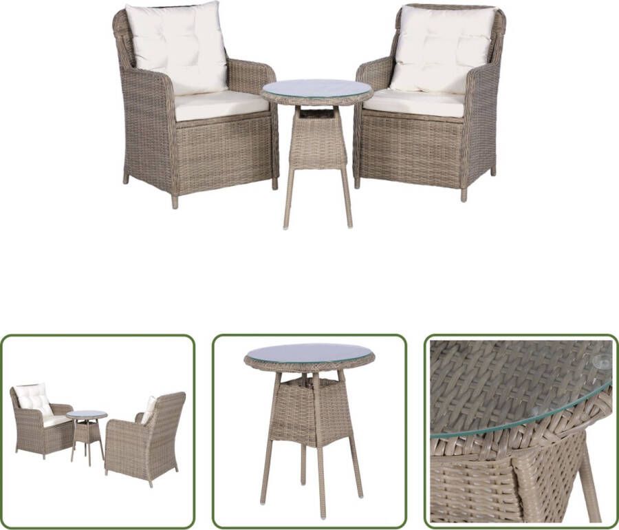 The Living Store Tuinset PE Rattan Bruin Crèmewit 2x Armstoel 1x Tafel 2x Zitkussen 2x Rugkussen