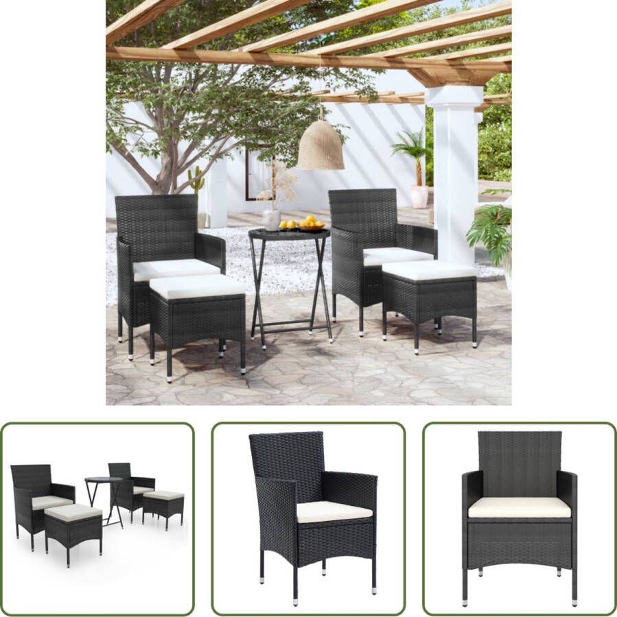 The Living Store Tuinset PE-rattan Gepoedercoat stalen frame Gehard glas Zwart 60x75cm tafel 53x58x84cm stoel 41.5x41.5x42.5cm voetenbank Montage vereist