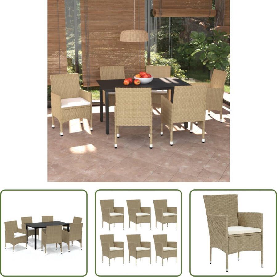 The Living Store Tuinset PE Rattan Glas Aluminium Zwart 150x90x74 cm Beige Crèmewit 53x58x84 cm 4 cm Montage vereist 1 tafel 6 stoelen 6 zitkussens