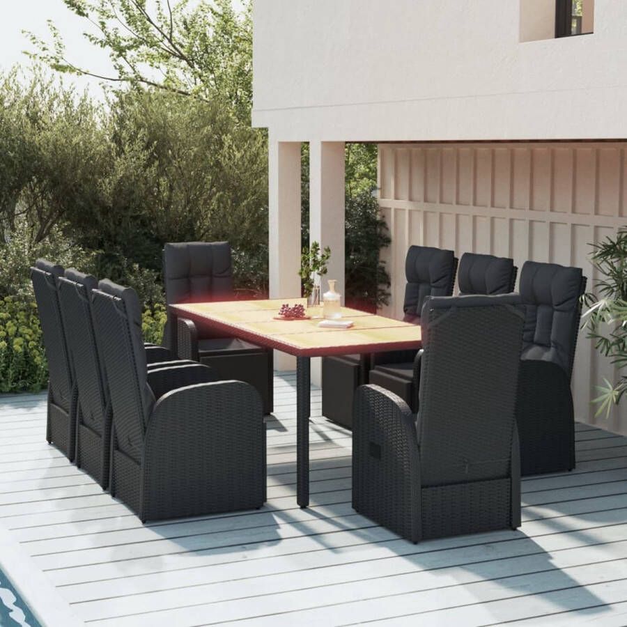 The Living Store Tuinset PE-rattan Zwart 8x Leunstoel 1x Tafel 8x Rugkussen 8x Zitkussen