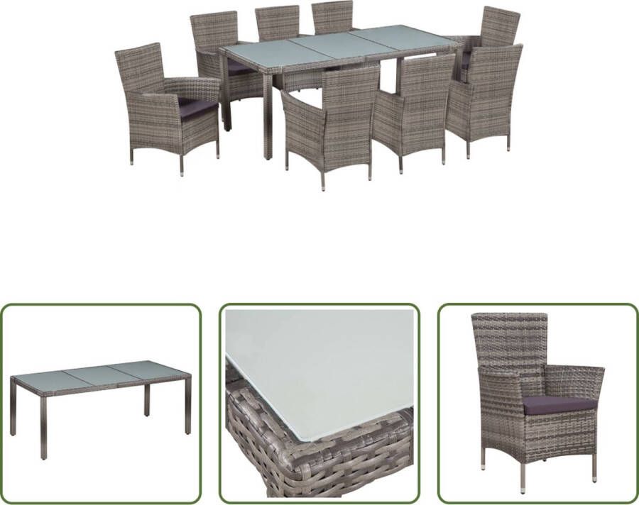 The Living Store Tuinset Poly Rattan Eettafel 190x90x75 cm 8 Stoelen Grijs