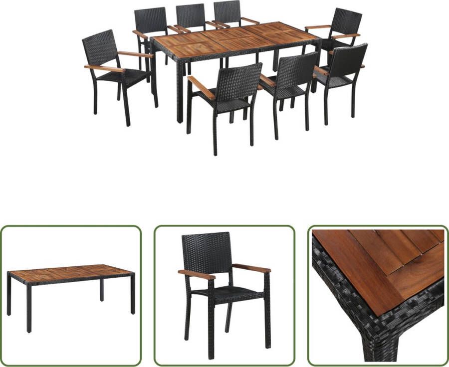 The Living Store Tuinset Poly Rattan Eettafel 190x90x75 cm 8 Stoelen PE Rattan Acaciahouten Tafelblad Bruin Zwart