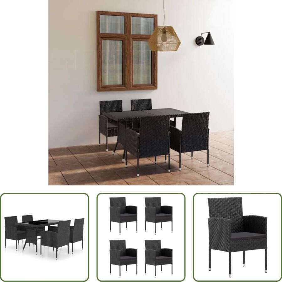 The Living Store Tuinset Poly Rattan PE-rattan Glas Zwart 140x80x74 cm 52x56x88 cm 4 stoelen 1 tafel 4 zitkussens