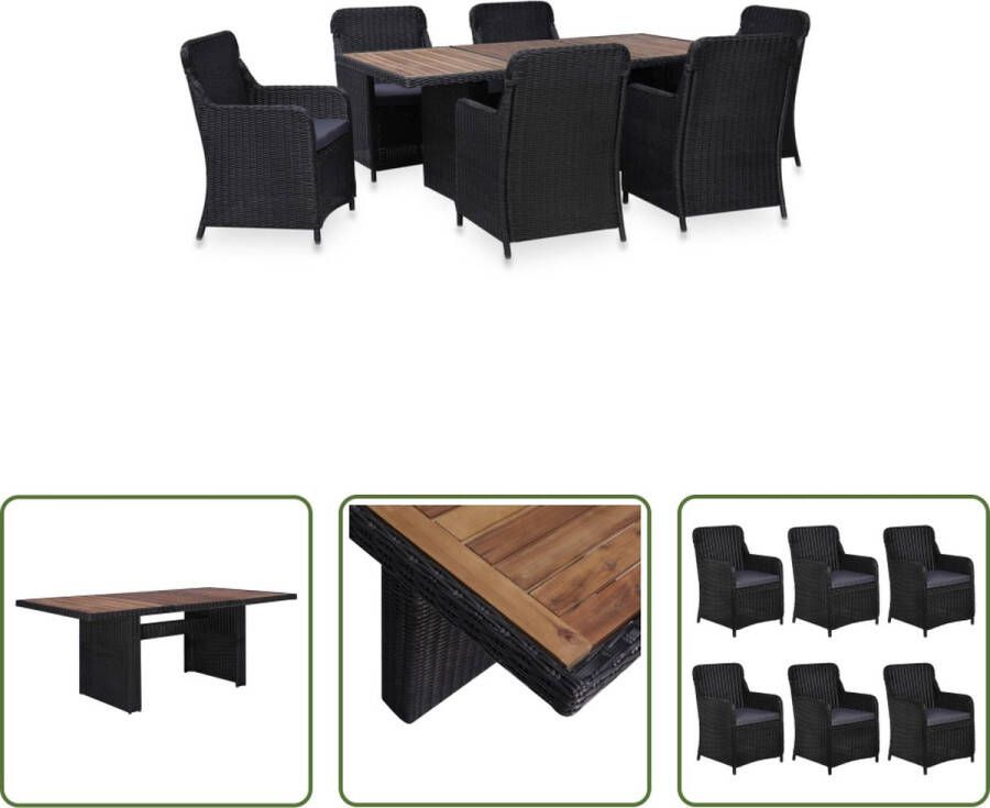 The Living Store Tuinset Poly Rattan Vintage Stijl 200x100x74 cm Zwart en Donkergrijs 1 Tafel 6 Stoelen 6 Zitkussens