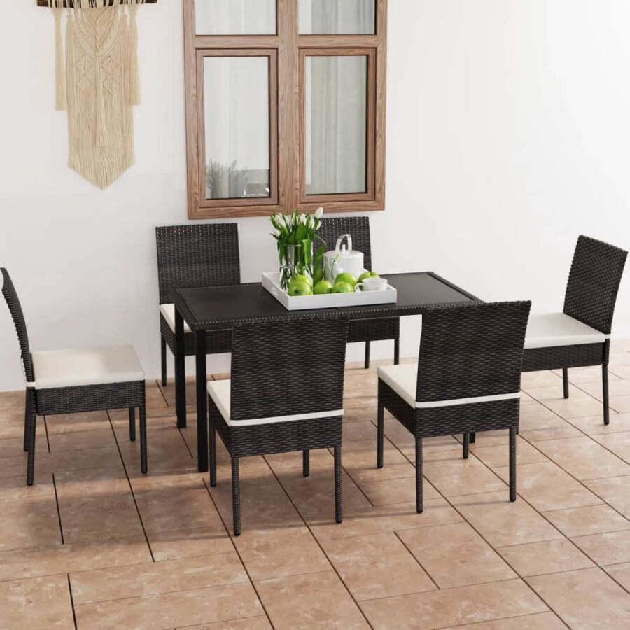 The Living Store Tuinset Prachtig ontworpen Buitenmeubelset Afmeting- 140 x 70 x 73 cm Ken- Weer- en waterbestendig Kleur- Zwart Materiaal- Poly rattan en gepoedercoat staal Levering- Tafel 6 stoelen en 6 zitkussens