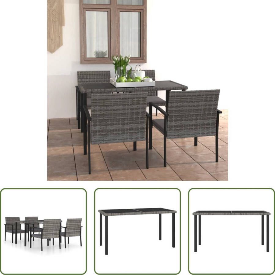 The Living Store Tuinset Stalen frame PE-rattan Grijs Zwart 140 x 70 x 73 cm Set bevat tafel 4 stoelen en 4 zitkussens