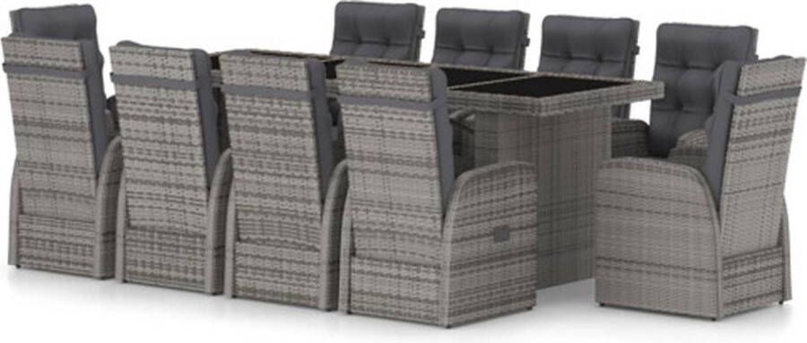 The Living Store Tuinset van Poly Rattan Grijs 240x90x74 cm Verstelbare stoelen Inclusief kussens Levering bevat 8 stoelen zonder voetensteun 2 stoelen met voetensteun 1 tafel