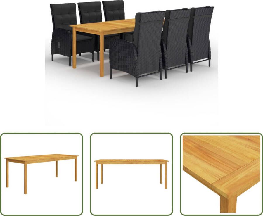 The Living Store Tuinset Zwart Acaciahouten Eettafel 200x90x74 cm PE Rattan Stoelen 58x63x108 cm incl Kussens