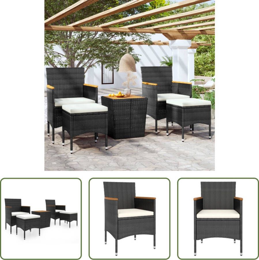 The Living Store Tuinset zwart poly rattan acaciahout 2 stoelen + tafel + 2 voetenbankjes