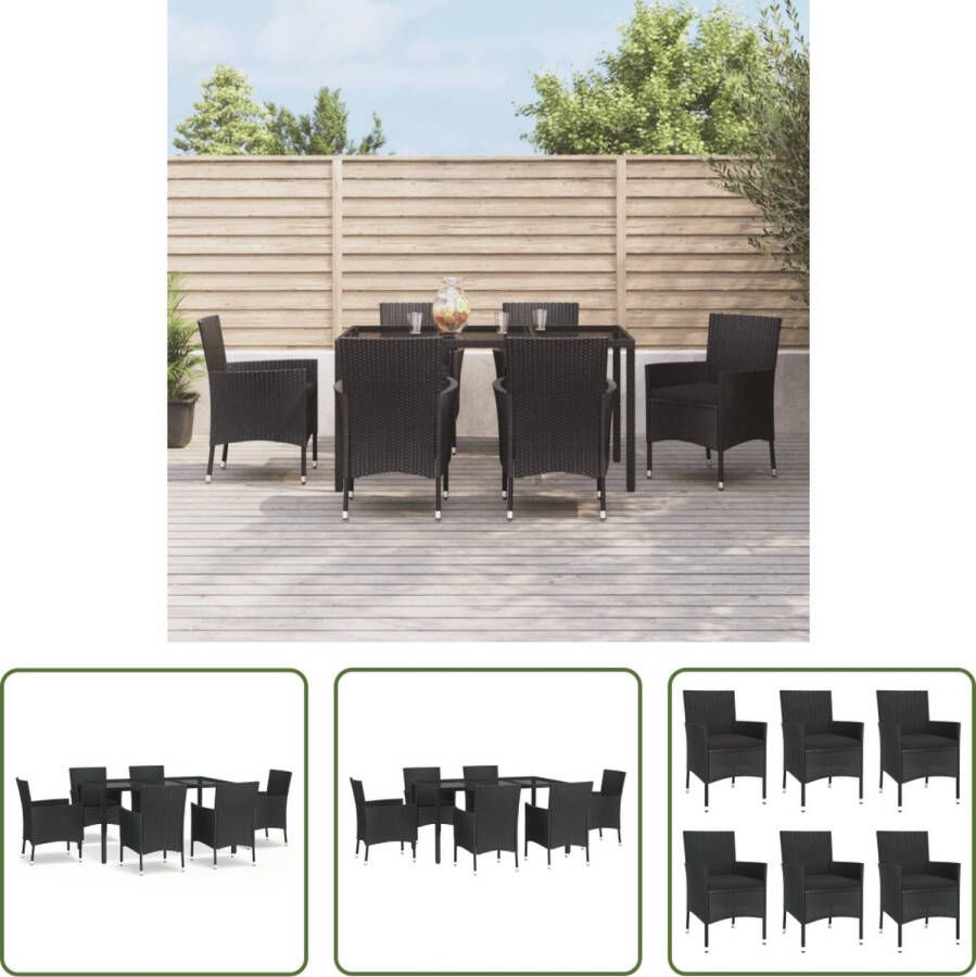 The Living Store Tuinset Zwart Poly Rattan Eettafel 150x90x75 cm 6 Stoelen Zitkussens