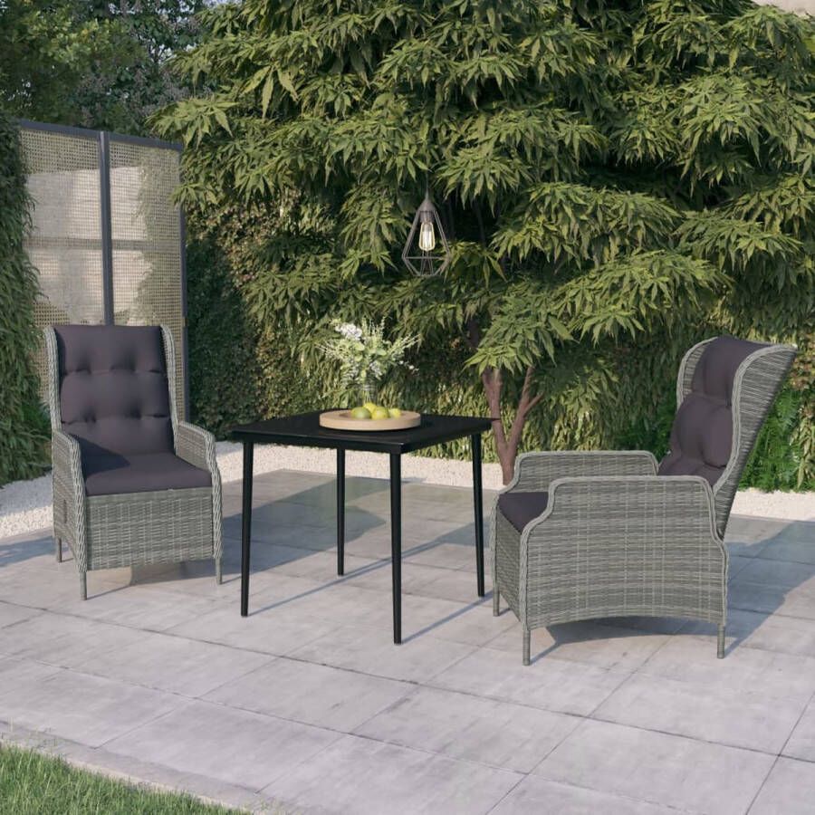 The Living Store Tuinset Zwarte Tuintafel 80x80x74 cm Gepoedercoat staal en glas Lichtgrijze PE-rattan Stoel 57x88x100 cm Incl kussens Met ligfunctie Montage vereist
