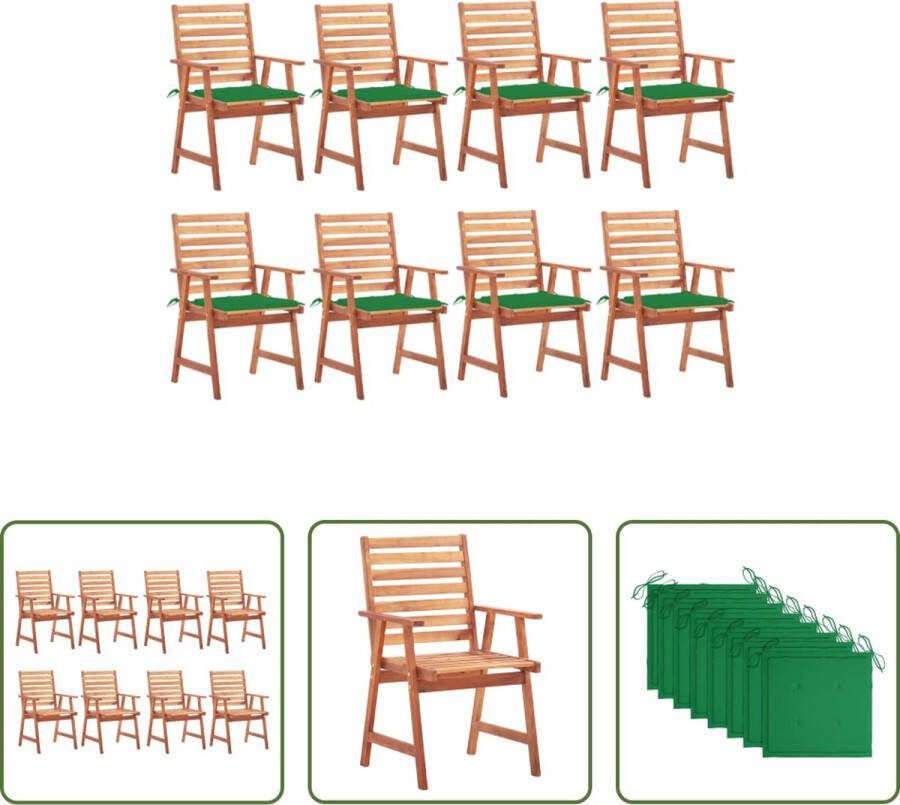 The Living Store Tuinstoelenset Acaciahouten Stoelen Set van 8 Groen Kussen 56x62x92 cm Massief Acaciahout Waterdicht Kussen