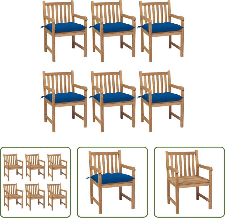 The Living Store Tuinstoelenset Teakhout 6 stoelen en kussens 58x60x90cm Blauw