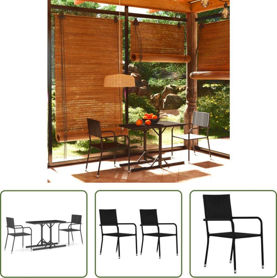 The Living Store Tuintafel en Stoelen Poly rattan Gepoedercoat staal Glas 110x53x72 cm 51x60x87 cm Zwart