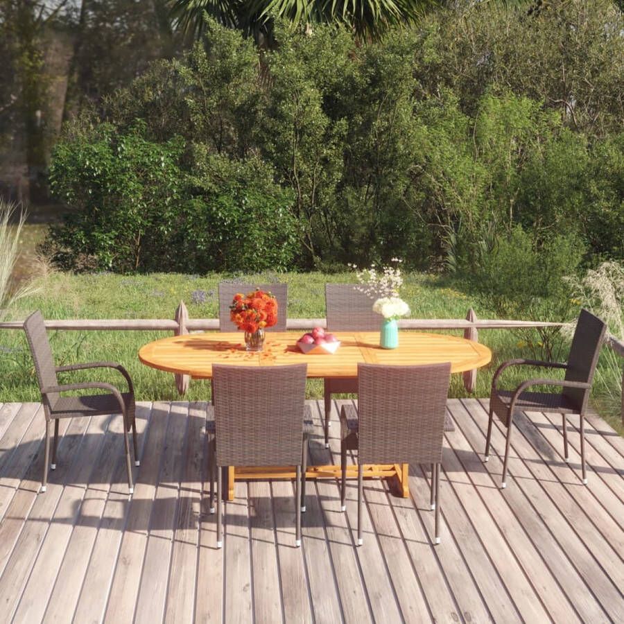 The Living Store Tuintafel en stoelenset Massief acaciahout Bruine PE-rattan 150-200x100x74 cm Stapelbaar