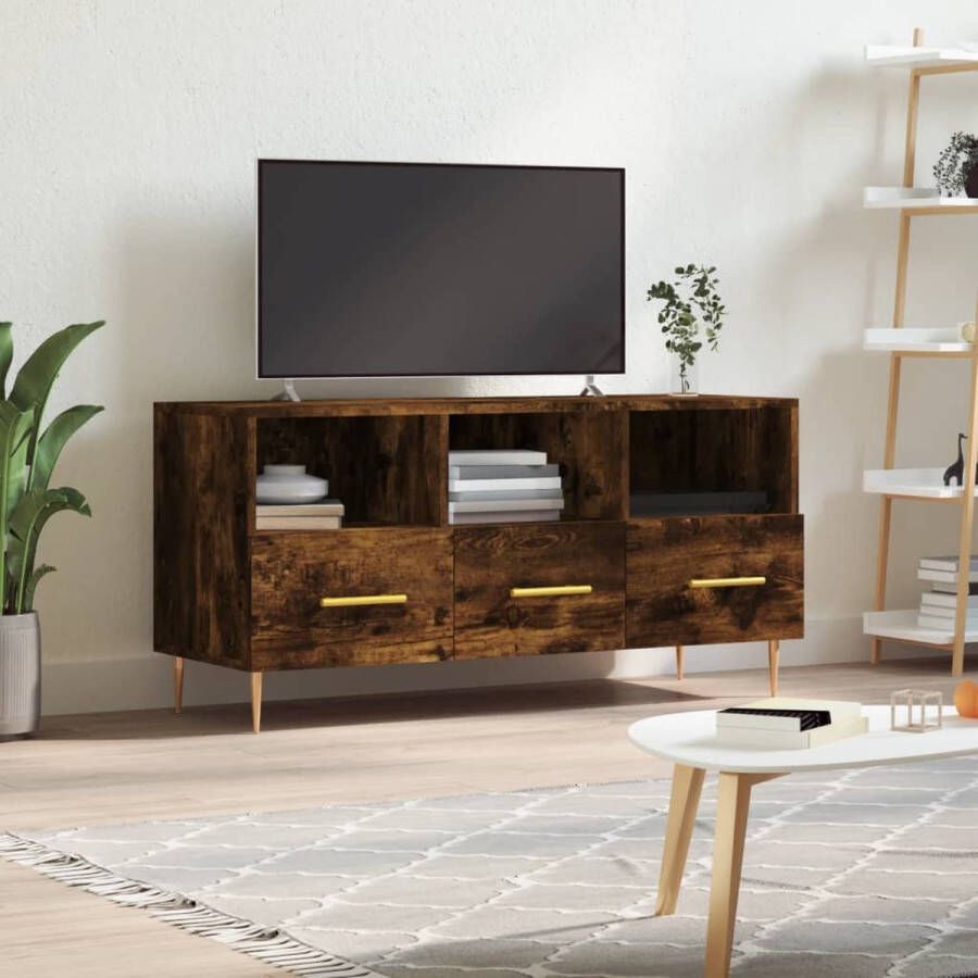 The Living Store TV-meubel Gerookt eiken 102 x 36 x 50 cm Bewerkt hout en ijzer