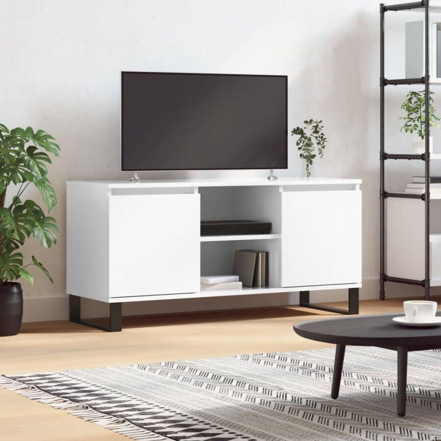 The Living Store TV-meubel hoogglans wit 104 x 35 x 50 cm bewerkt hout en ijzer