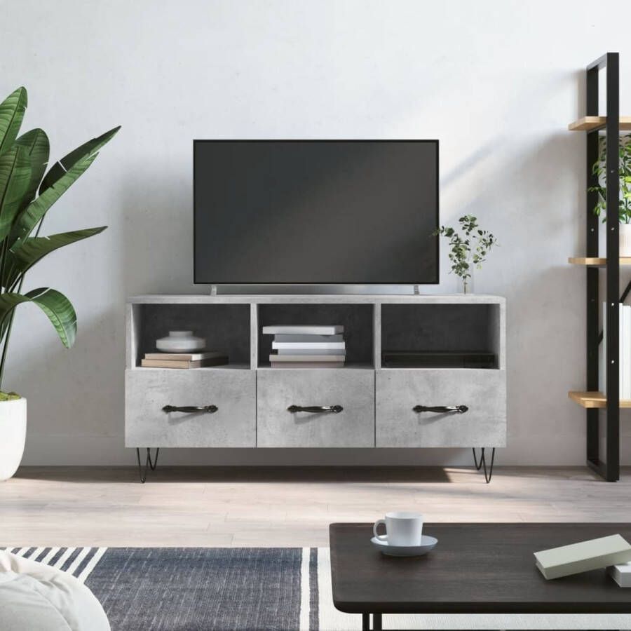 The Living Store TV-meubel Betongrijs 102x36x50 cm Bewerkt hout en ijzer