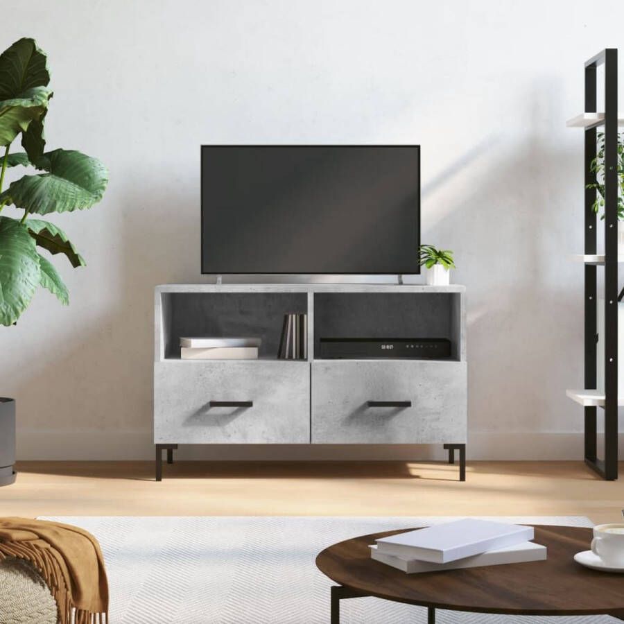 The Living Store TV-meubel Betongrijs 80 x 36 x 50 cm Stevig houten ontwerp 2 vakken en 2 lades Kalme stijl met ijzeren poten