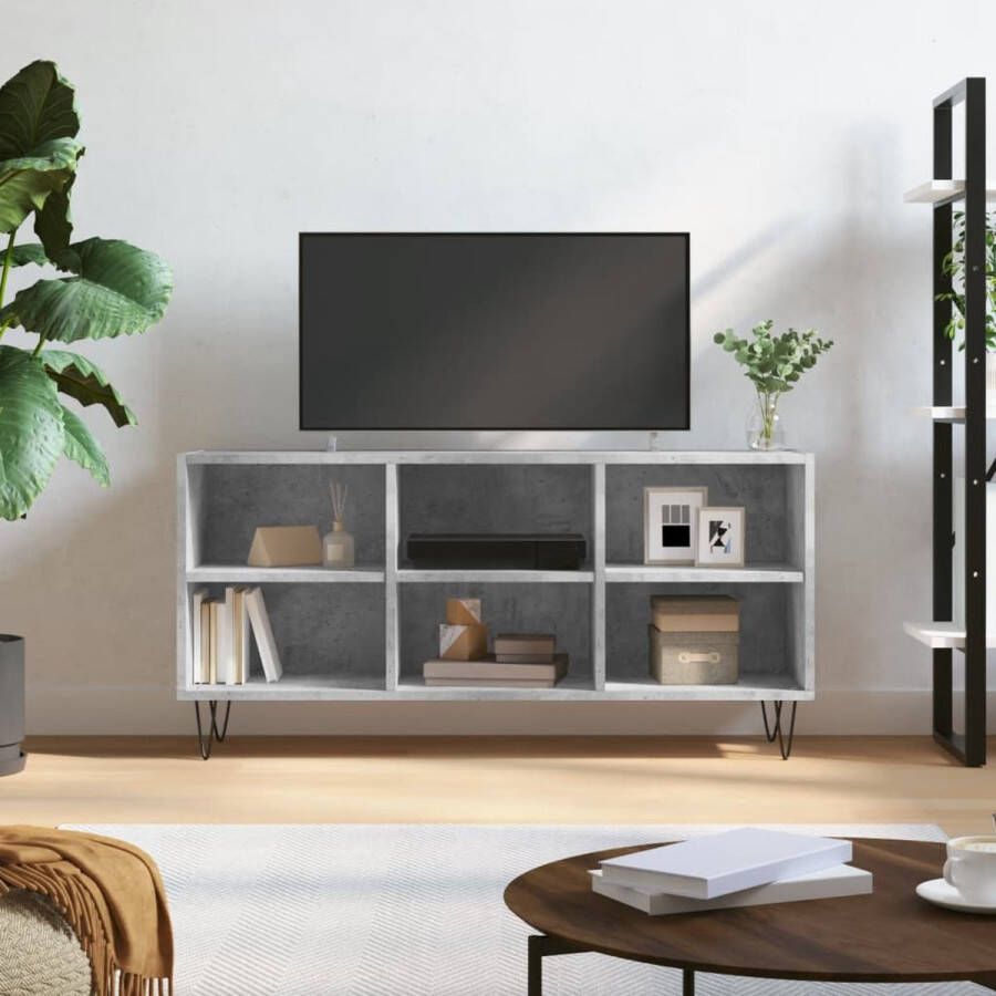 The Living Store TV-meubel Betongrijs TV-kast met 6 Vakken 103.5 x 30 x 50 cm Bewerkt Hout en IJzer