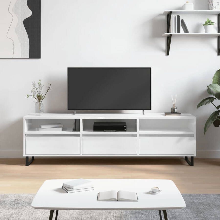 The Living Store TV-meubel Multimedia 150 x 30 x 44.5 cm Stevig bewerkt hout Hoogglans wit