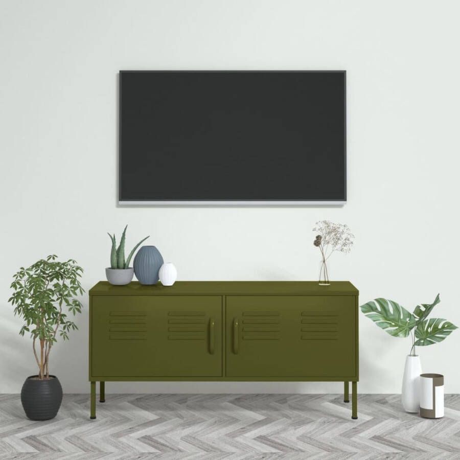 The Living Store TV-meubel Staal 105x35x50 cm 2 deuren Olijfgroen verstelbare hoogte 100 kg draagvermogen