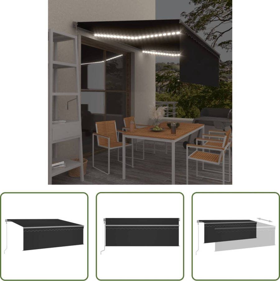 The Living Store Uitschuifbare Luifel 4 x 3 m Antraciet Aluminium frame UV-Waterbestendig Verstelbaar Windsensor LED Verlichting