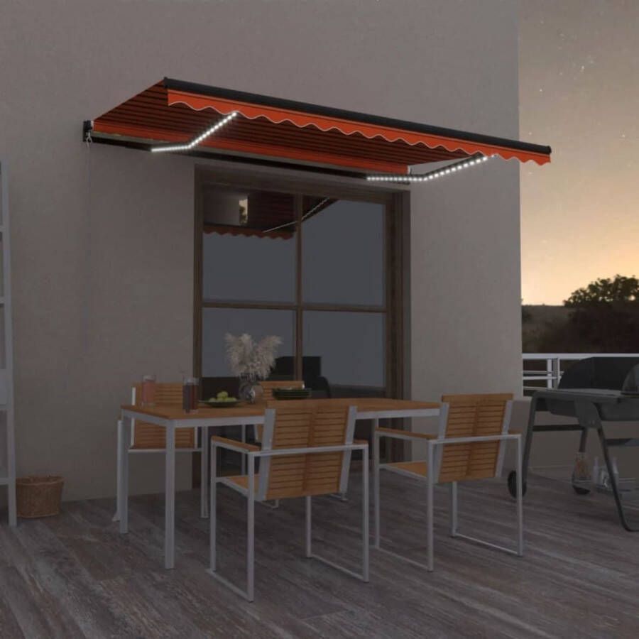 The Living Store Uitschuifbare Luifel 400 x 350 cm RVS Frame Oranje Bruin LED Verlichting