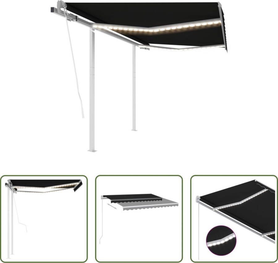 The Living Store Uitschuifbare Luifel Antraciet 300 x 250 cm Met LED-verlichting Montage vereist